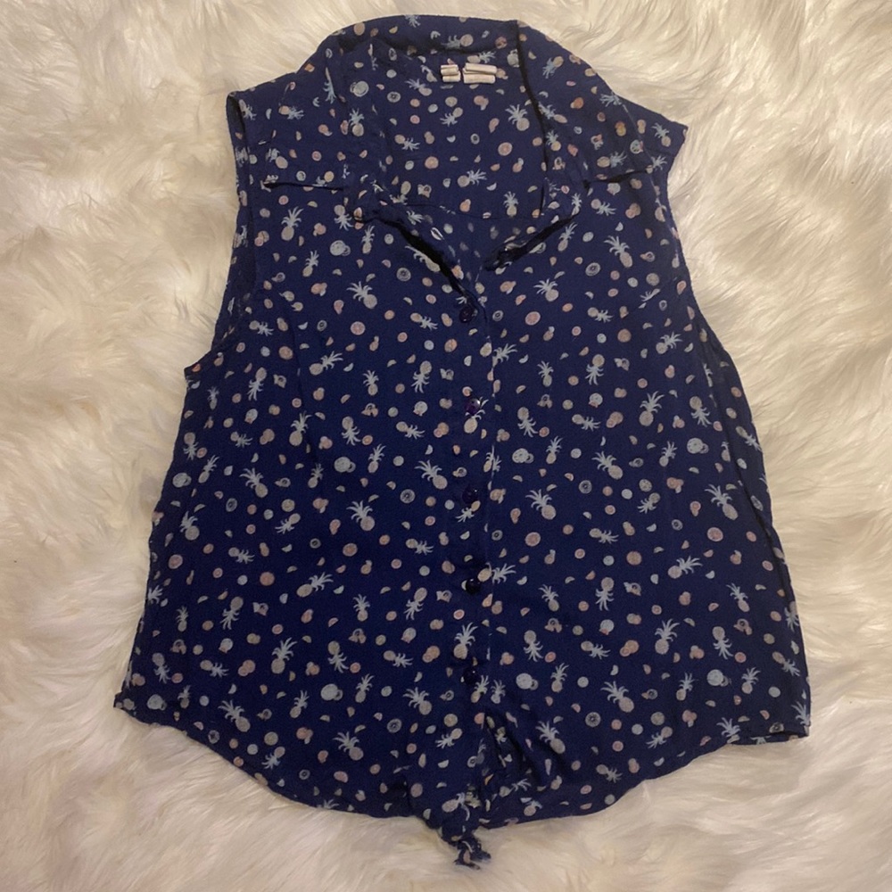 Japna Button down collared Navy Blue Tropical Print Tank top Size Small with Tie